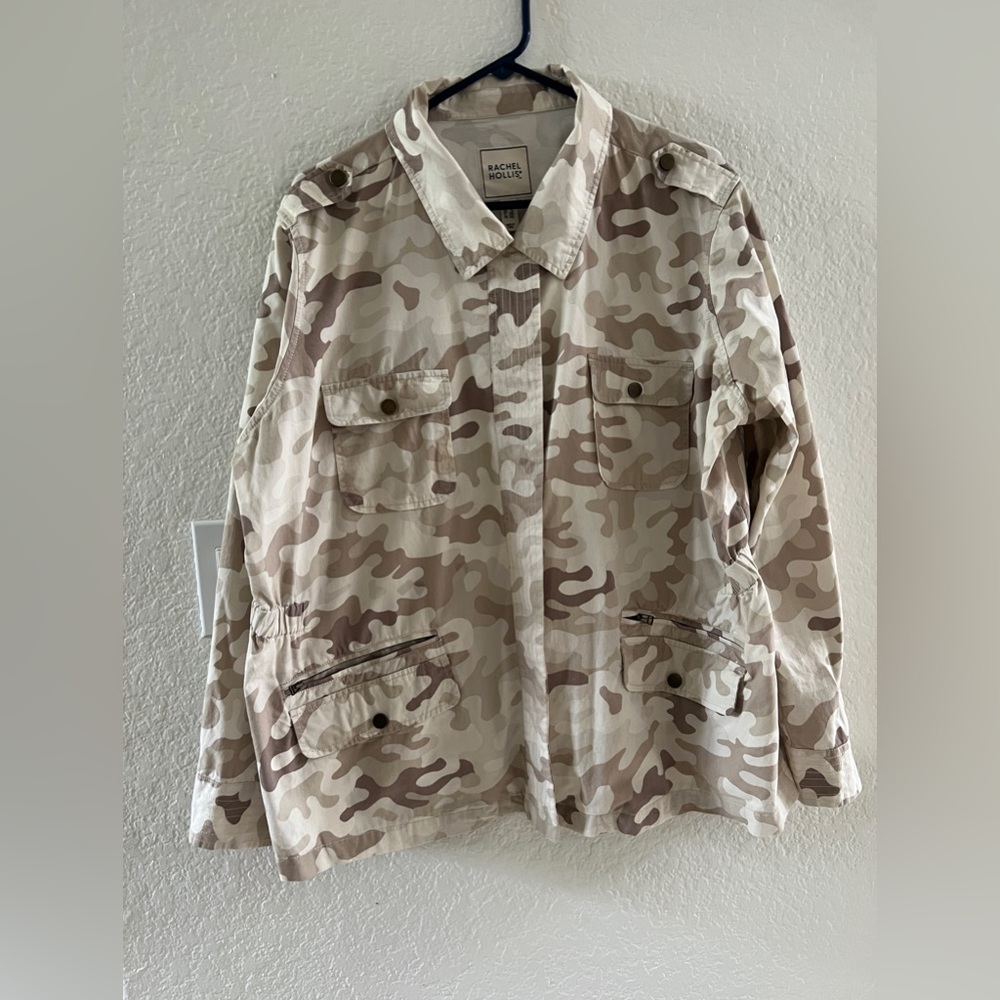 Women’s Jacket, Rachel Hollis, Beige Camo, Snap Button, Full Sleeves, Size 1X